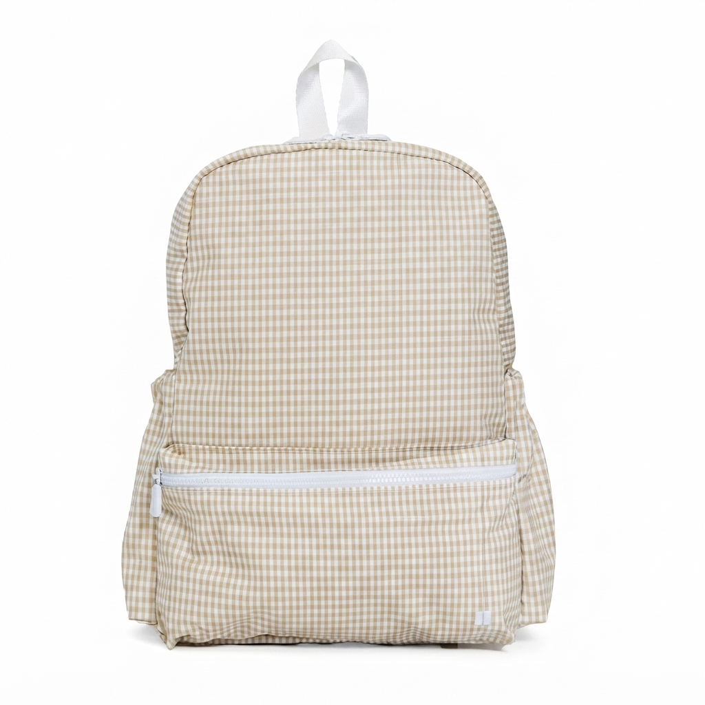 The Aliza personalized kids backpack in Beige Gingham print.