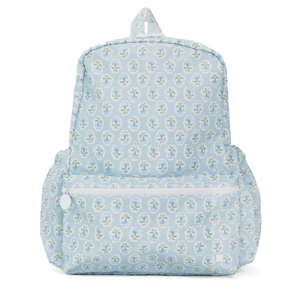 The Aliza personalized kids backpack in Fleur Blue print.