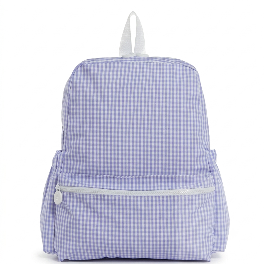 The Aliza personalized kids backpack in Lilac Gingham print.