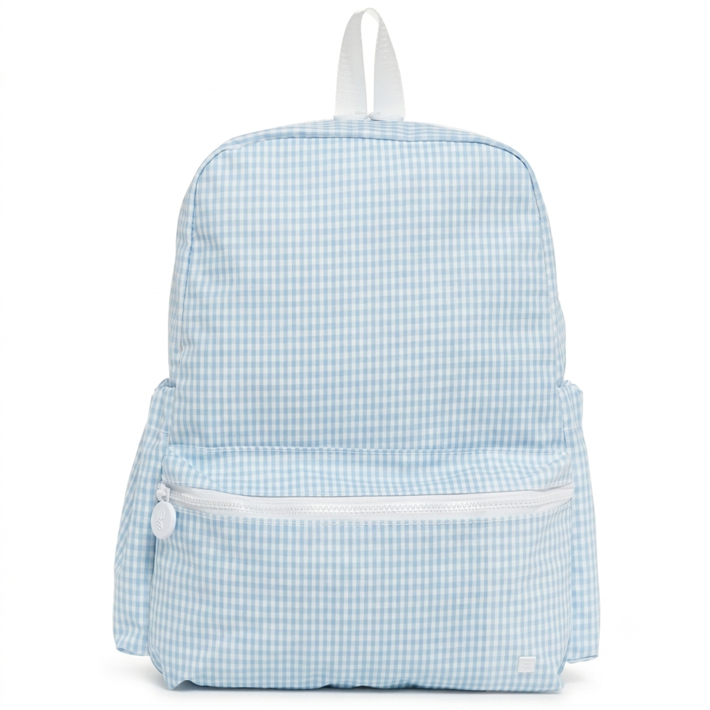 The Aliza personalized kids backpack in Mist Gingham print.