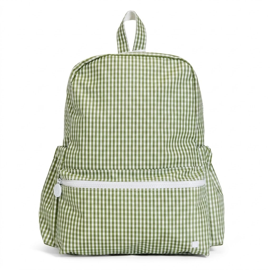 The Aliza personalized kids backpack in Moss Gingham print.