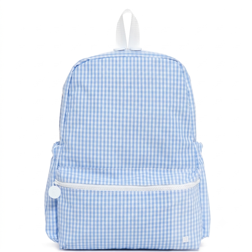The Aliza personalized kids backpack in Sky Gingham print.