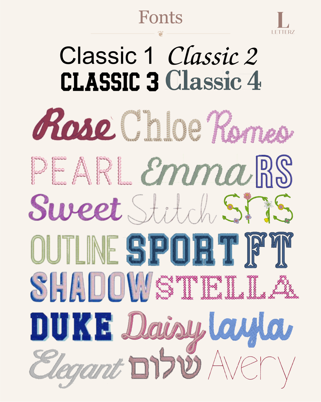 The Aliza Collection embroidery font chart